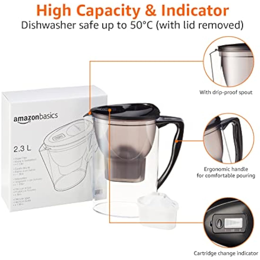 Amazon Basics 2.3L (4 Pints) Water Filter Jug with 1x30 Days Cartridge, BPA Free, Black