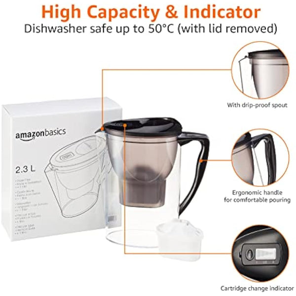 Amazon Basics 2.3L (4 Pints) Water Filter Jug with 1x30 Days Cartridge, BPA Free, Black