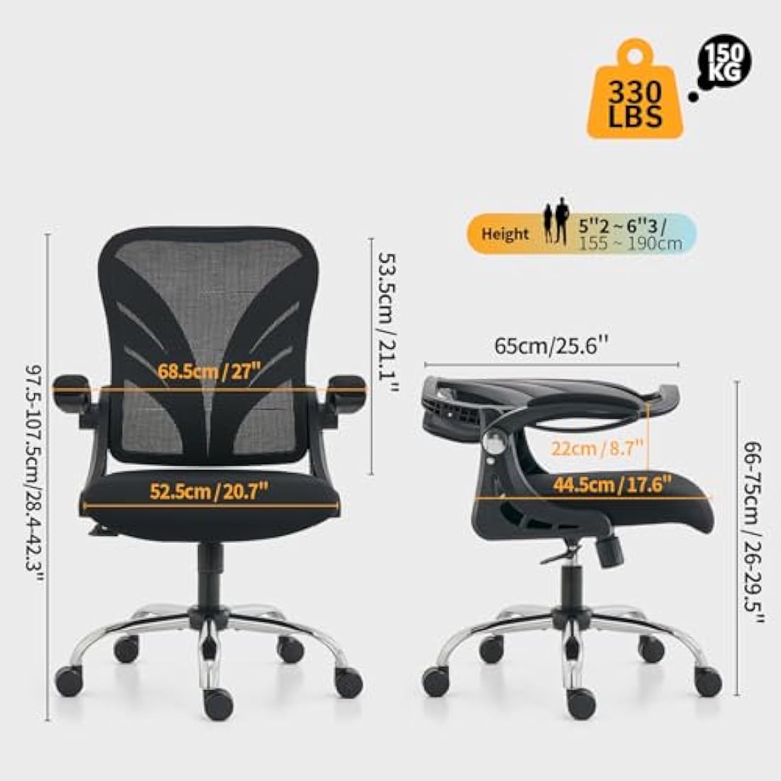 HOLLUDLE Ergonomic Office Chair with Foldable Backrest, Computer Desk Chair with Flip-up Armrests, Mesh Lumbar Support and Tilt Function Big and Tall Office Chair, Black