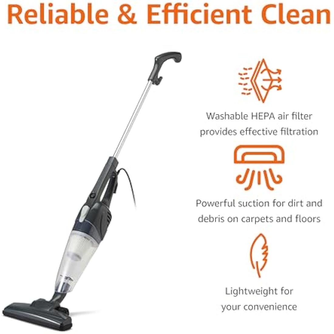 Amazon Basics 2-in-1 Corded Upright Vacuum Cleaner, ECO Motor, HEPA filtration, Lightweight Stick, Black