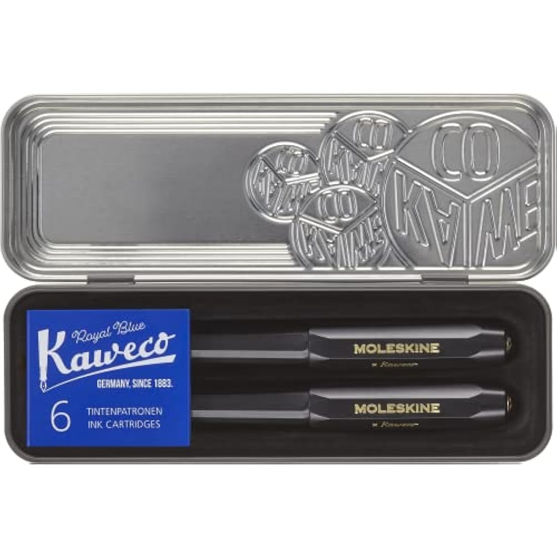 Moleskine x Kaweco Fountain Pen in ABS plastic with Gold-Plated Size M Nib and Refillable Ballpen for Writers, Note-Takers, Refill 1.0mm with Blue Ink and 6 Blue Ink Cartridges included, Color Black