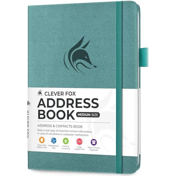 Clever Fox Address Book with alphabetic tabs - PU Leather Telephone and Address Book for Keeping Contacts Safe, Contact Organizer Journal, Medium Size (13.5 x 19cm) Hardcover, Aquamarine
