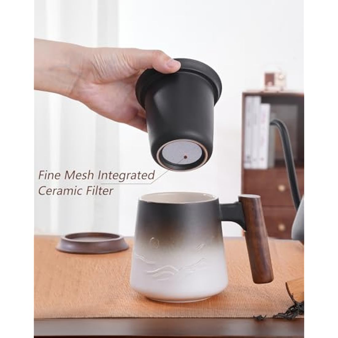 ZENS Tea Mug with Infuser and lid for Loose Tea, 430 ML Embossed Ceramic Tea Cup with Strainers for for Hot Tea Diffusers, Wood Handle Loose Leaf Tea Mug Tea Accessories for Tea Lovers Gifts