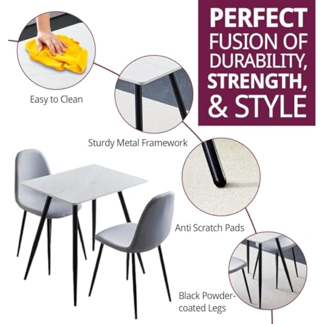 Hallowood Furniture Cullompton Small Dining Table and Chairs Set 2, (0.8m) White Marble Effect Top Kitchen Table and Chairs in Grey Fabric Upholstery and Metal Legs, Dining Room Sets for Home & Café