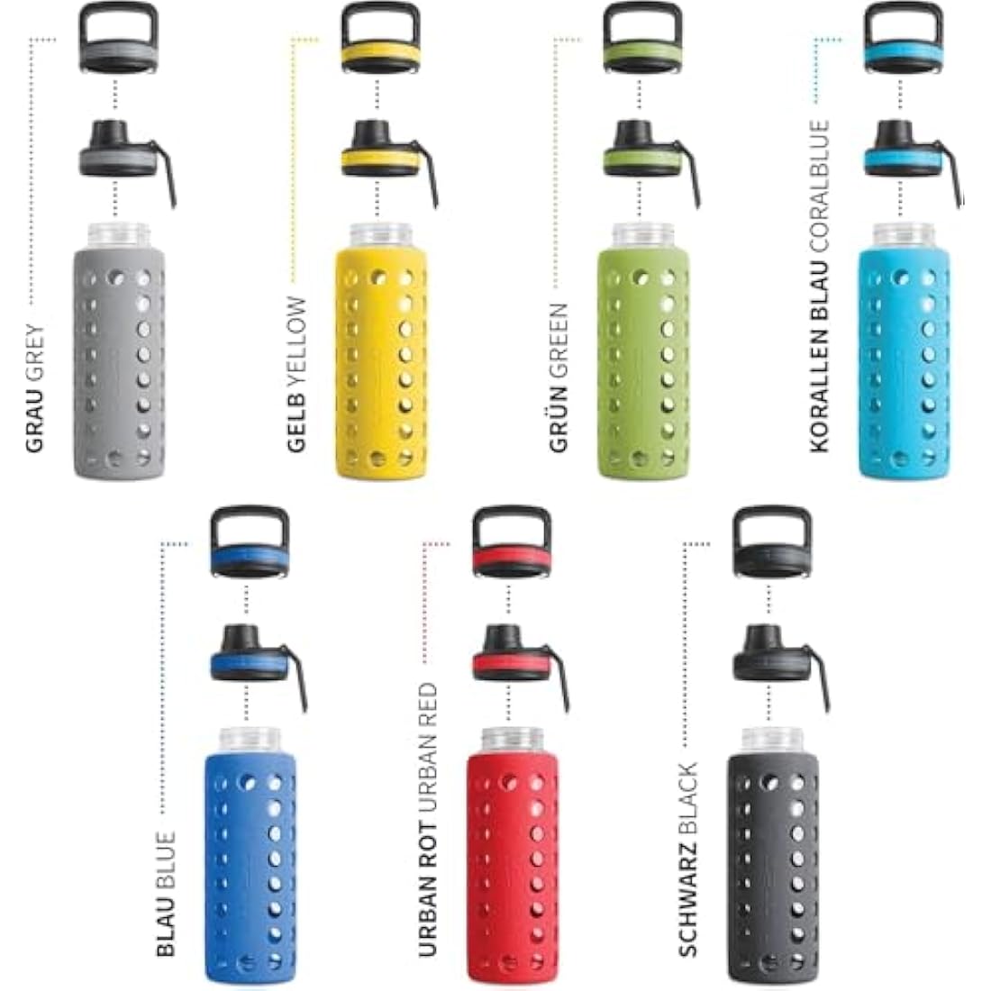 hydro2go Glass Water Bottle with Silicone Sleeve – 100% Leak-Proof, BPA-Free, Dishwasher Safe, 2 Replaceable Lids – Perfect for Office, Fitness, Yoga, Sports & Outdoors (Urban Red 2.0) – 950 ml