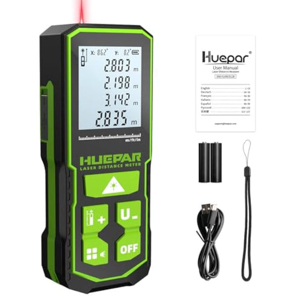 Laser Measure Device, Huepar 60M-120M Laser Distance Meter Digital Measure Tool Range Finder with Bubble Level and Large LCD Backlit and Waterproof IP54, Battery Included