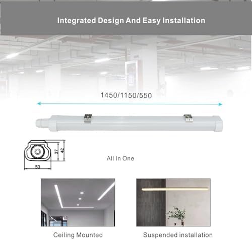 Sundertech 5FT Waterproof LED Batten Light, Pack of 2 with Built-in Connector for Shed, Workshop and Warehouse. 45W, 6500K Cold White Integrated Tube Light, IP65 Rated.