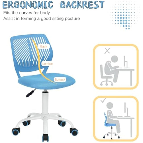 Homy Casa Desk Chair Adjustable Swivel Fabric Seat Ergonomic Task Chair Home Office For Kids Teens without Armrest, Blue