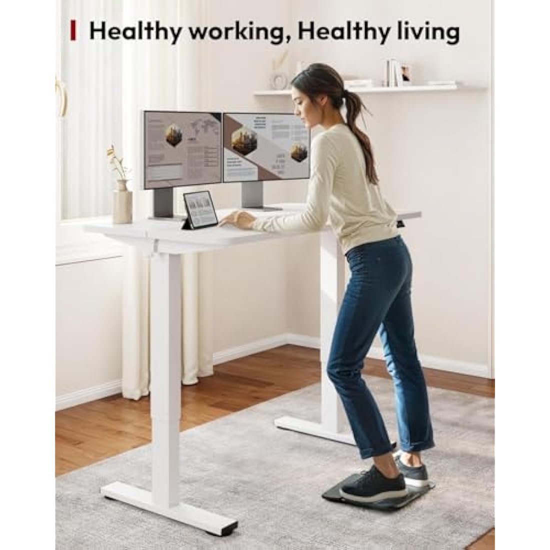 SANODESK QS+110 * 60 Electric Standing Desk ONE PIECE Height Adjustable Standing Desk With Memory Smart Panel Sit Stand Table Adjustable Desk Stand Up Desk for Home Office(White Frame+ White Desktop)