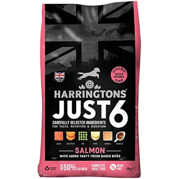 Harringtons Just 6 Complete Grain Free Hypoallergenic Salmon & Veg Dry Adult Dog Food 6kg - With Added Fresh Baked Bites