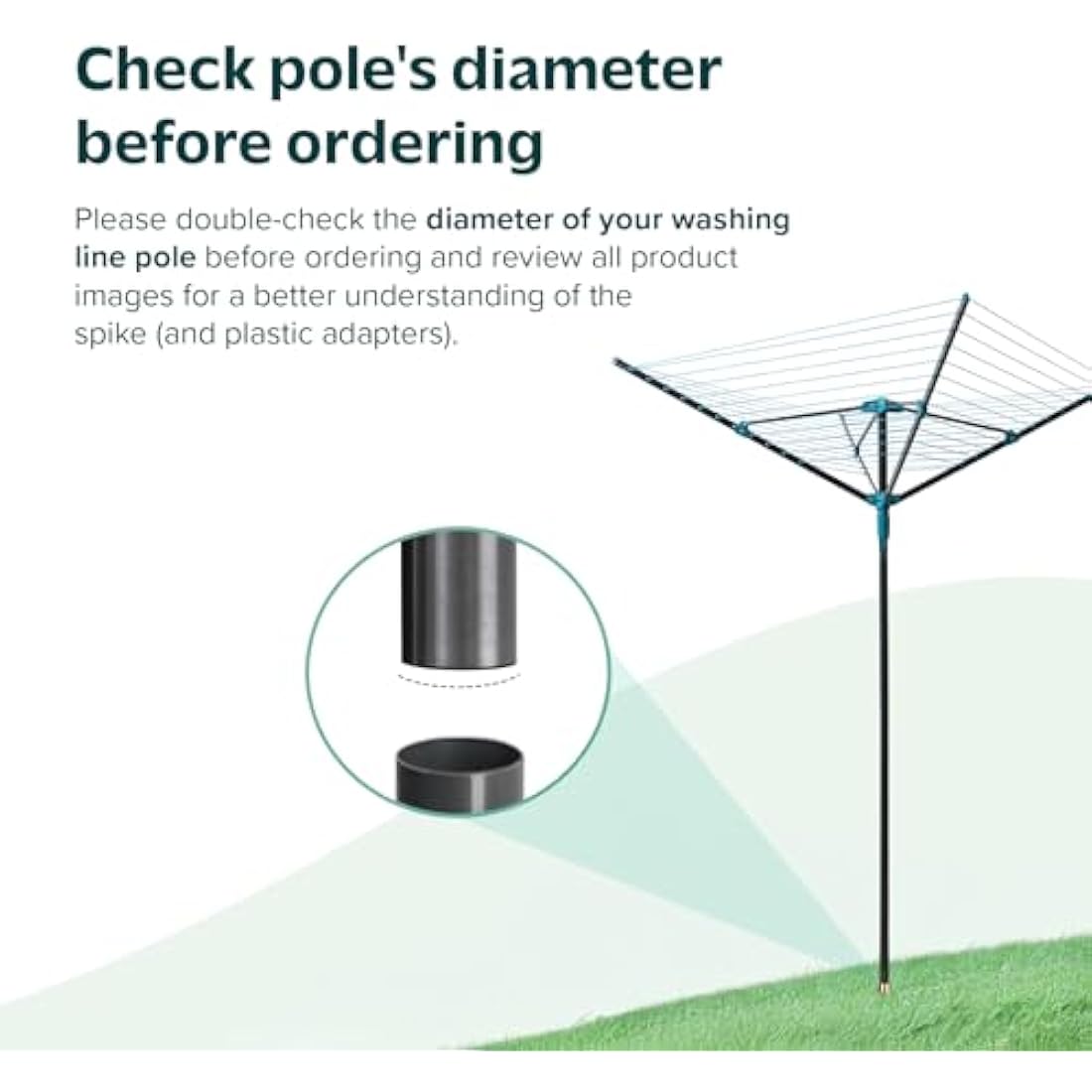 Flatro Rotary Washing Line Spike - Heavy Duty Powder Coated Metal Ground Spike for Rotary Washing Line with Two Plastic Adapters, Rotary Airer Ground Spike for Parasol - fit 32, 40, and 50mm