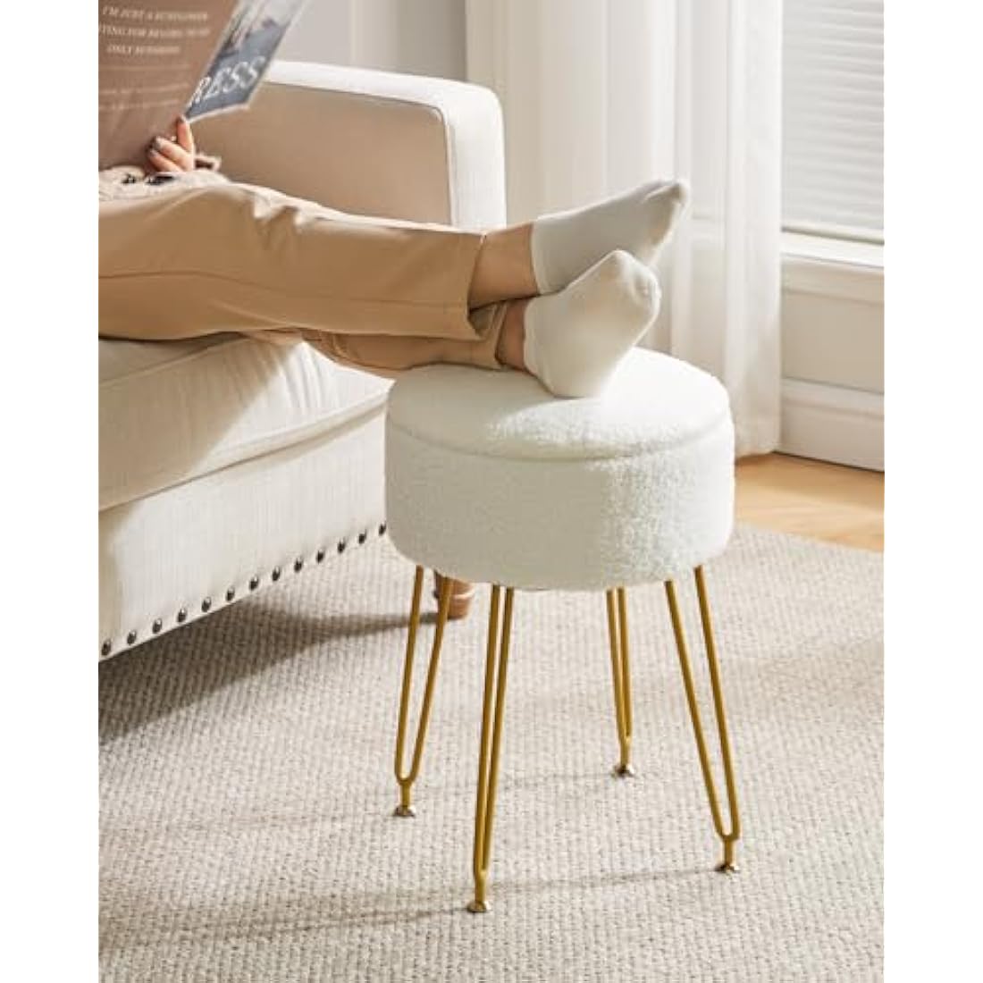 IBUYKE Teddy Velvet Storage Footrest Stool Ottoman, Makeup Vanity Stool Side Table with Removable Cover, Golden Steel Legs, Coffee Table Top Cover, White WBD010W