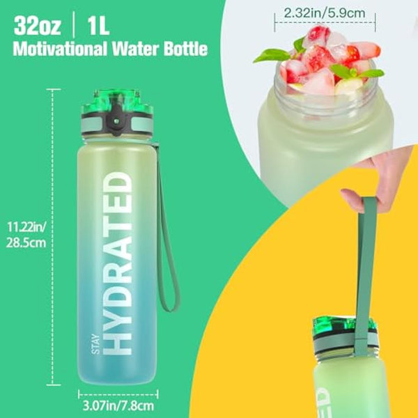 Sahara Sailor Leakproof Water Bottle 1L/500ML/750ML, Tritan BPA Free Motivational Sport Drinks Bottle with Clear Time Marker, Lock Cover, Easy Clean Brush, Durable for Gym, School, Cycling (1 Bottle)