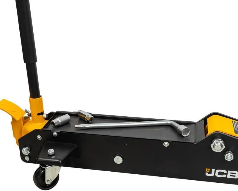 JCB 3 Tonne Hydraulic Long Trolley Jack, Heavy-duty, 525mm Max. Lift for Heavy-duty Automotive Tasks, Rotating Rear Wheels, 3 Year Warranty