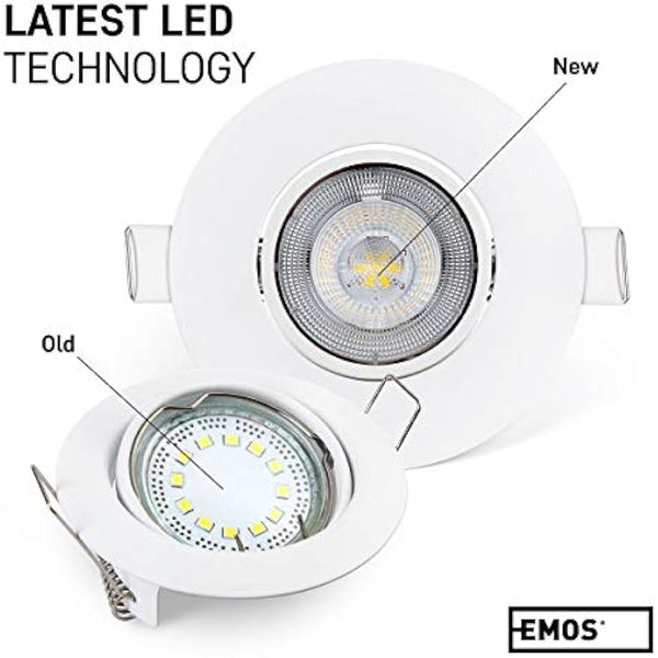 EMOS LED Spot Lights Ceiling Round 5W / 450lm, 6500K Cold White | 50° Tilt Swivel Recessed Ceiling Lights, Ultra Slim | Pack of 12 Recessed LED Downlights for Ceiling, Mains Powered, White