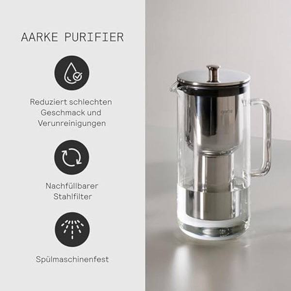 Aarke Purifier Water Filter Jug 1.2L/5 cups Glass & Stainless Steel – Includes Pure Filter Refill Bag