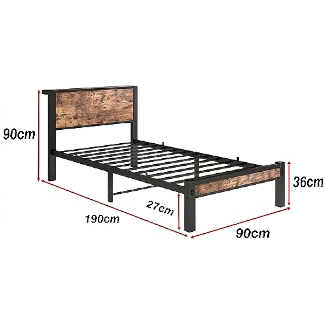 DUMEE Single Bed Frames with Wooden Storage Headboard Shelf, Heavy Duty Metal Bed Frame Single, No Box Spring Needed, Noise Free, Reinforced Strong Support Leg, Textured Black&Brown Oak
