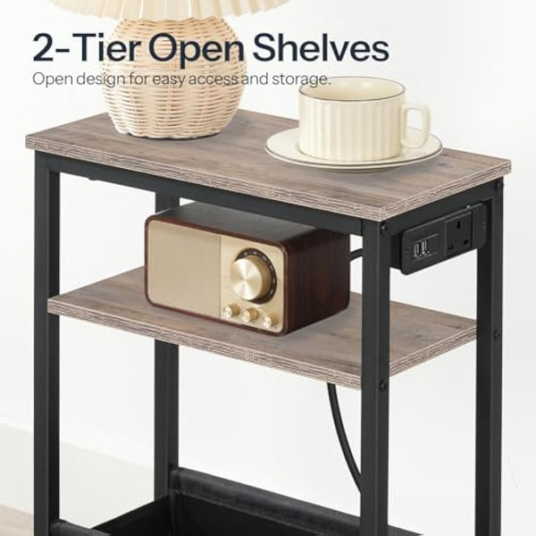 HOOBRO Narrow Side Table, Slim Side Table with Charging Station, USB Ports and Power Outlet, Bedside Table for Small Space, 40 x 20 x 60 cm, for Living Room, Greige and Black EBG125KBZ01