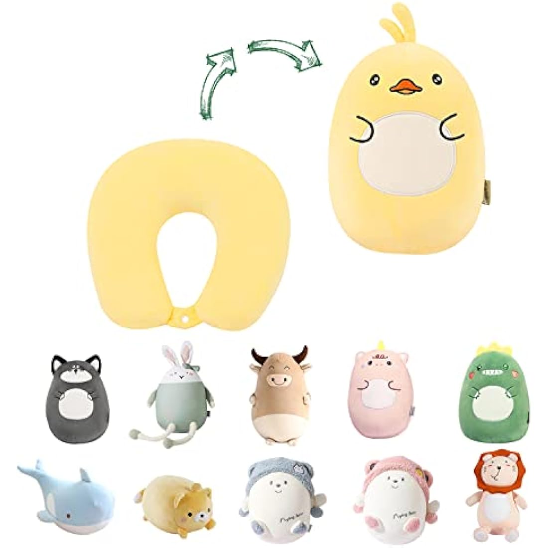 JOYRAVO Kids Travel Pillow - 2-in-1 Deformable Neck Pillow, Soft U-Shaped Pillow with Cute Plush Animals Comfy Sleep and Play Companion for Airplanes, Cars, and Travel - Yellow Duck