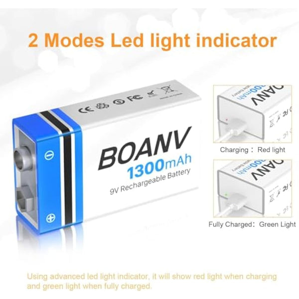 6 Pack 9V Rechargeable Batteries 1300mAh, 9V Rechargeable USB Lithium Long Lasting Battery, with 2 in 1 Charging Cable, for Smoke Detectors, Alarms, Keypad, Microphone