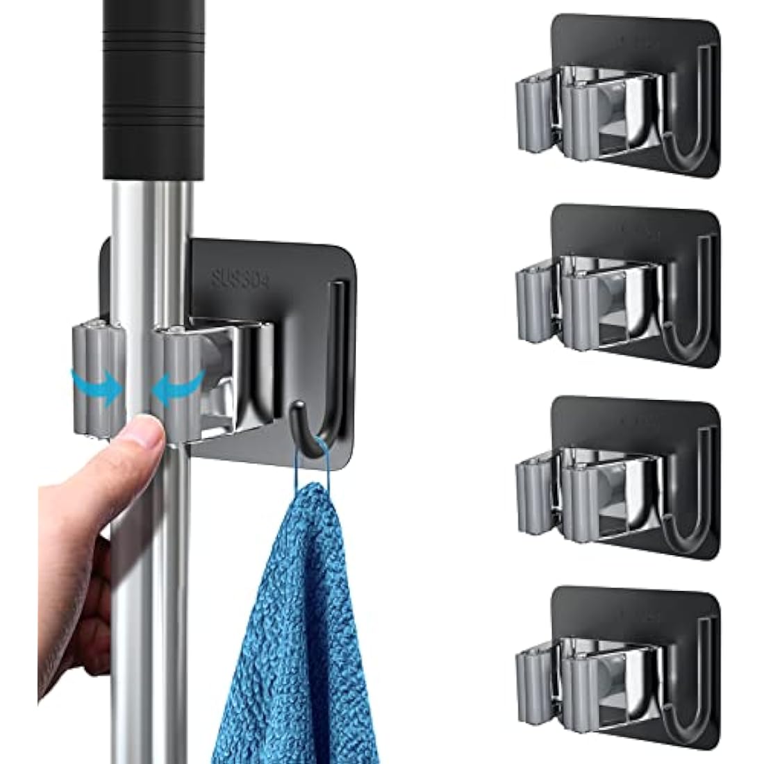 homeasy Mop Broom Holder, 4 Pcs Stainless Steel Self Adhesive Mop Holder Wall Mounted with Hooks Hanger Self-Adhesive Broom Holder for Bathroom, Kitchen, Office, Closet, Garden Garage(Black Mix)
