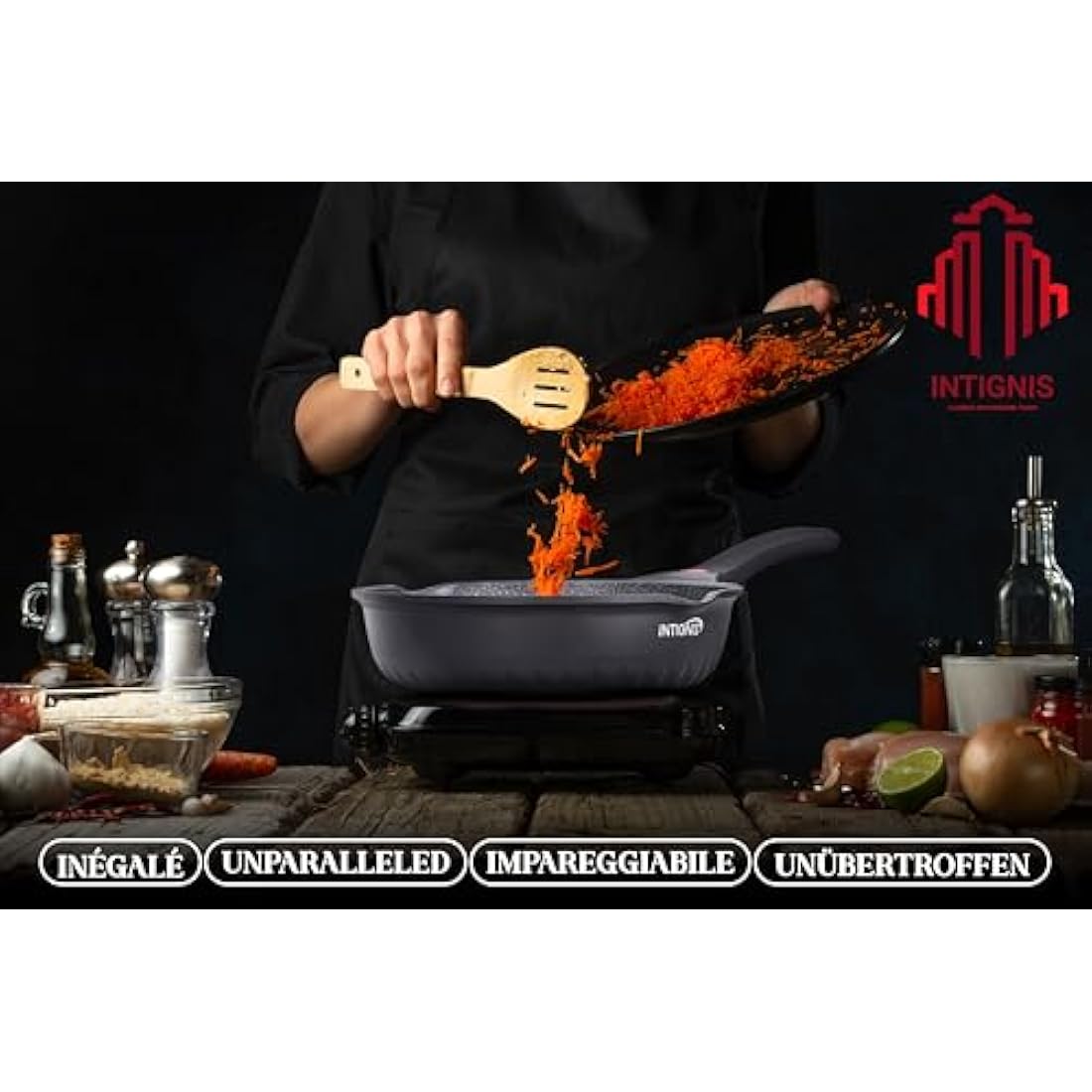 INTIGNIS Deep Non-Stick Frying Pan with Lid – 3-in-1 Sauté Pan, Skillet & Mini Wok – GREBLON Ceramic Coating | Induction Hob Safe | Stainless Steel Base |PTFE & PFOA Free (Black, 24 cm)