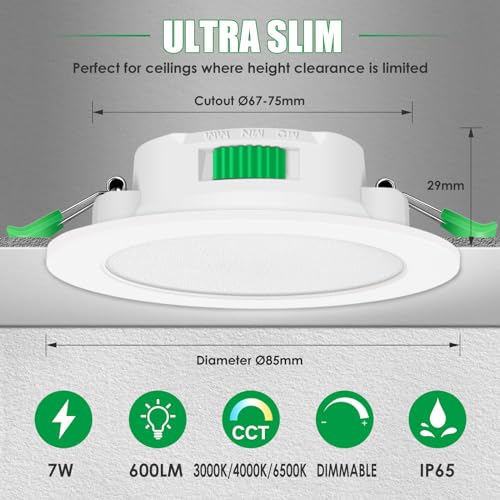 ALUSSO LED Downlights Ceiling Dimmable 7W IP65 Recessed Ceiling Lights 3000K Warm 4000K Neutral 6500K Adjustable Spotlights Ceiling Lights, Round