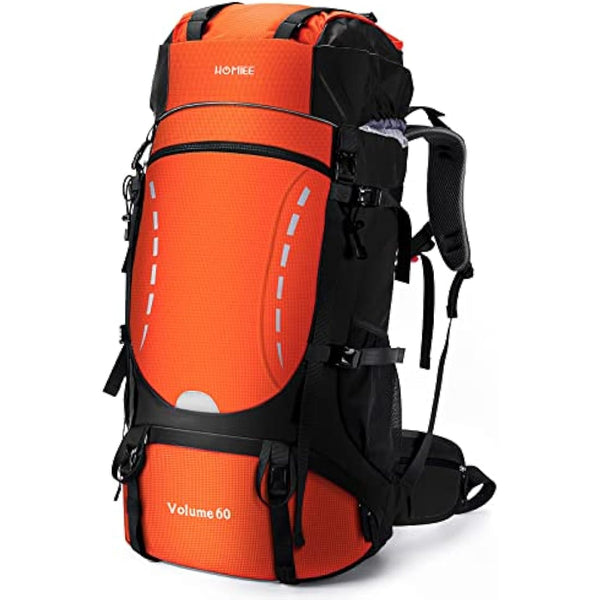 HOMIEE Hiking Backpack for Men Women, 60L Waterproof Rucksack with Rain Cover, Large Travel Backpack for Outdoor Sports Trekking Skiing Camping, Orange (LB6001)