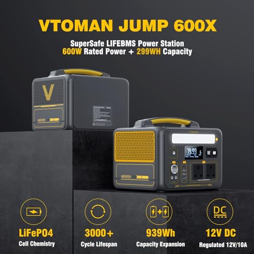 VTOMAN Jump 600X Portable Power Station 600W - 299Wh Solar Generator LiFePO4 Battery Power Station with 600W Pure Sine Wave (Surge 1200W) AC Outlet, PD 60W USB-C, 3x Regulated 12V/10A DC for Camping