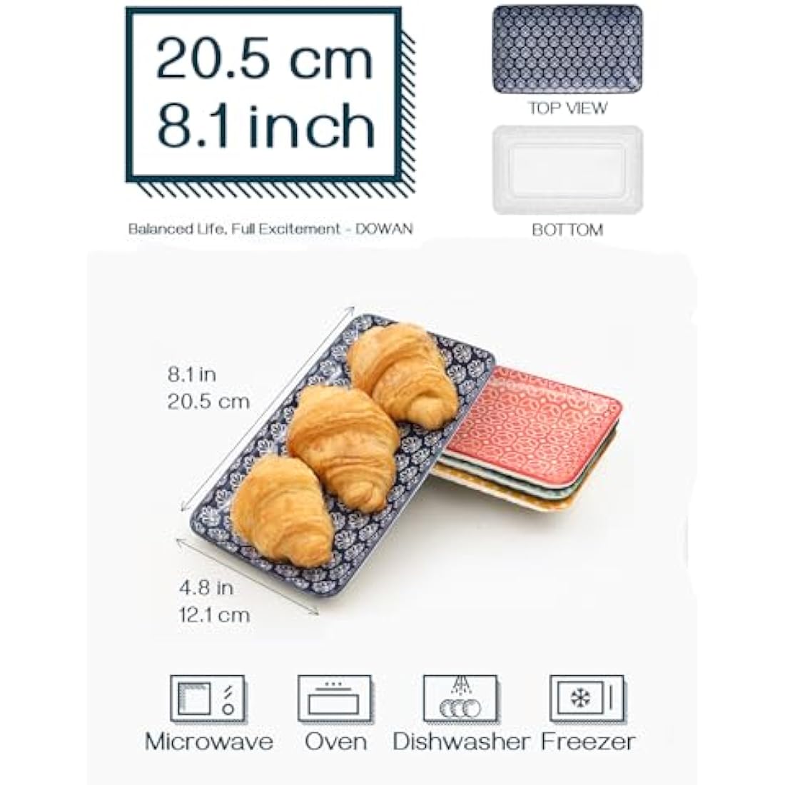 DOWAN Serving Platter Set of 6 - New Bone China Dessert Plates 20.5cm/8" - Small Dinner Plates for Appetizer, Sushi, Fruit, Salad, Cake - Microwave/Oven/Fridge/Dishwasher Safe - Vibrant Colors