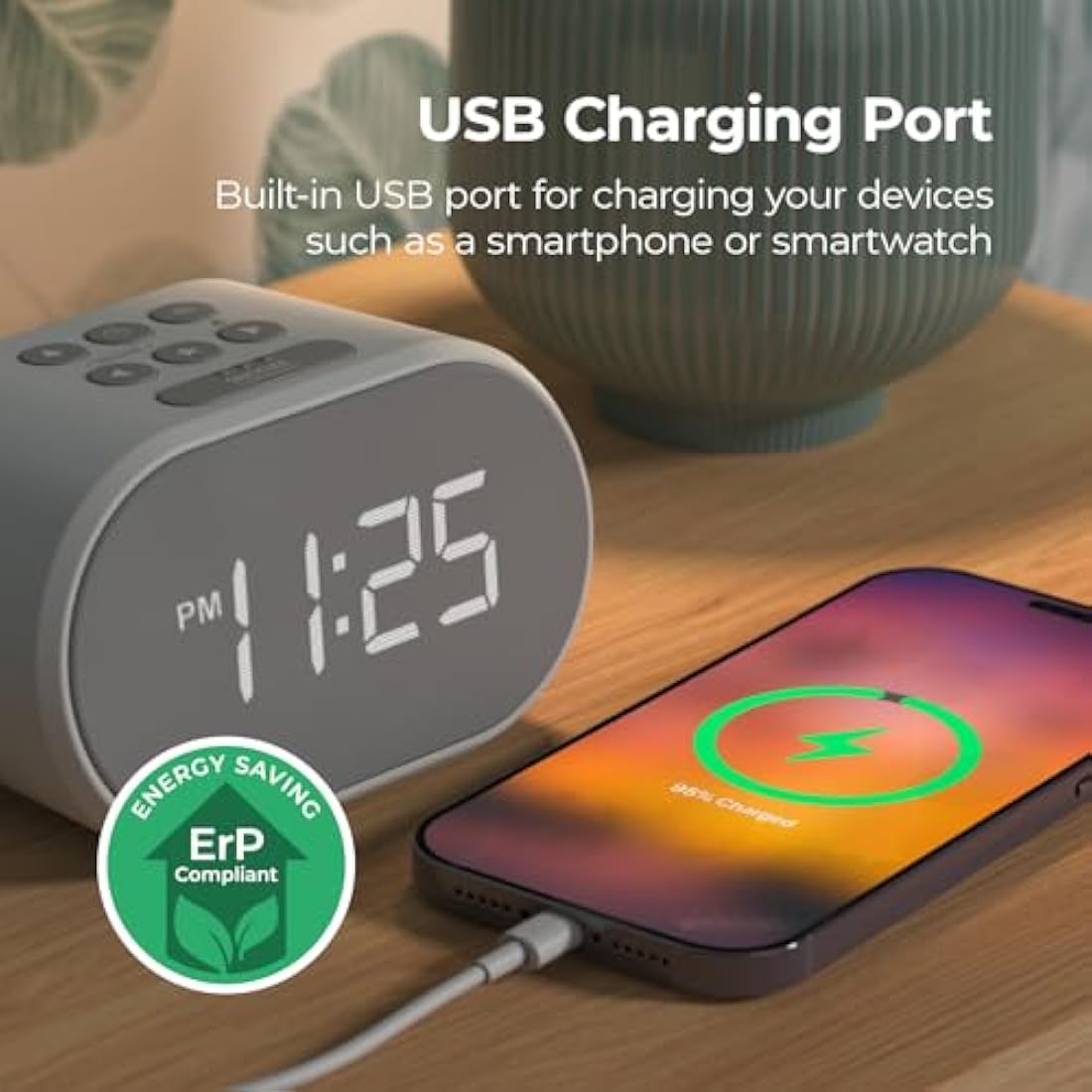 i-box Alarm Clocks Bedside, Radio Alarm Clock, Mains Powered or Battery, FM Radio, USB Charging Port, 5 Step Dimmable Display, Non Ticking, LED Display (White)