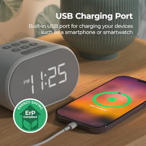 i-box Alarm Clocks Bedside, Radio Alarm Clock, Mains Powered or Battery, FM Radio, USB Charging Port, 5 Step Dimmable Display, Non Ticking, LED Display (White)