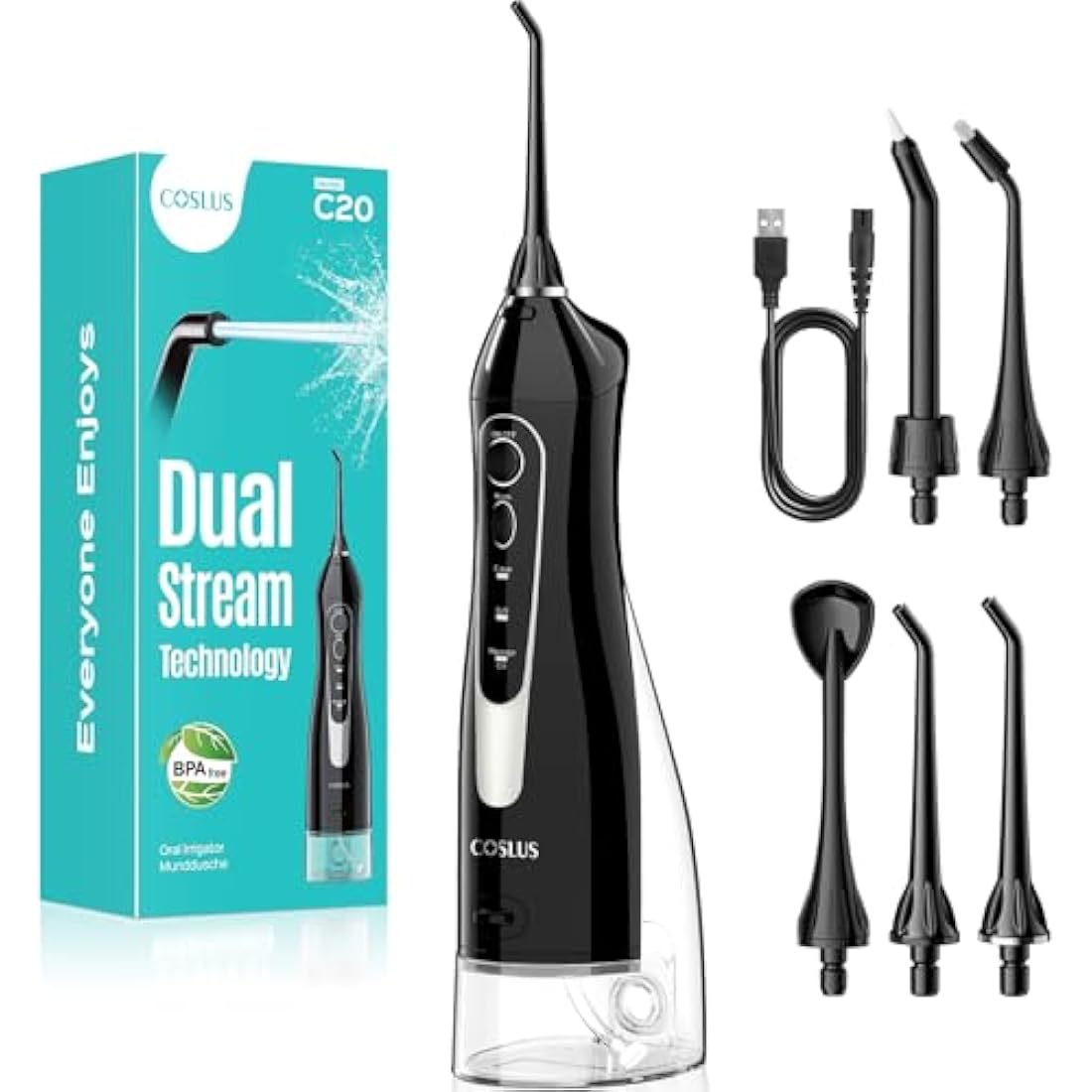COSLUS Water Dental Flosser for Teeth Cordless: 2025 Upgraded Portable Oral Irrigator 300ML 5 Jet Tips Rechargeable Tooth Flosser Teeth Braces Pick IPX7 Waterproof Irrigation Cleaner for Travel Home
