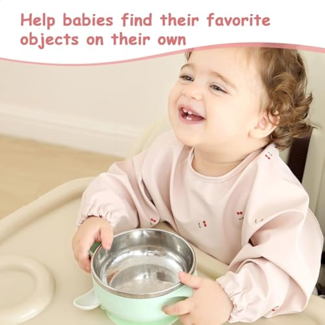 PewinGo Weaning Bib with Long Sleeves & BLW, Soft and Skin-Friendly Material, Coverall Bibs for Baby Feeding, Waterproof and Easy to Clean & Machine Washable, for Baby Infant Toddlers (Pink)