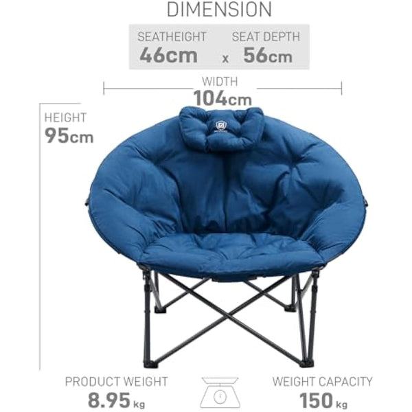 EVER ADVANCED XL Moon Chair for Adults 6cm Padded Garden Saucer Chair, Heavy Duty Camping Foldable Folding with High Back, Super Wide Round Seats, supports 150KG Blue