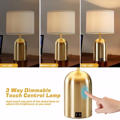 GyroVu Bedside Lamp with USB Port, Touch Control Table Lamp for Bedroom 3 Way Dimmable Modern Nightstand Lamp with Fabric Shade Gold Base for Living