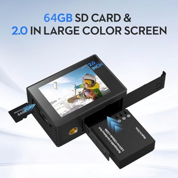 Yolansin 4K30FPS Action Camera with 64GB SD Card, Pre-recording 20MP Underwater Camera, 131FT Waterproof Cameras,2.4G Remote Control 170°Sports Camera, 2 Batteries Helmet Accessories Kit