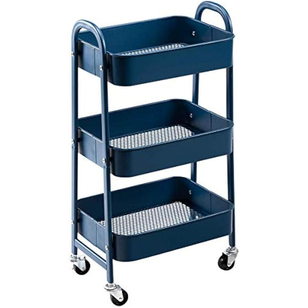 DOEWORKS 3-Tier Storage Trolley on Wheels Metal Storage Cart Rolling Kitchen Trolley Craft Trolleys Beauty Trolleys Utility Cart for Books Bedroom Bathroom Office, Navy Blue