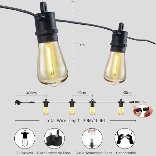 Festoon Lights Outdoor 30M/100 FT Garden String Festoon Lights IP65 with 32 LED 2700K Bulbs Outdoor String Lights Mains for Indoor Outside Patio Pergola Decor, 4M Extension Cable Built-in
