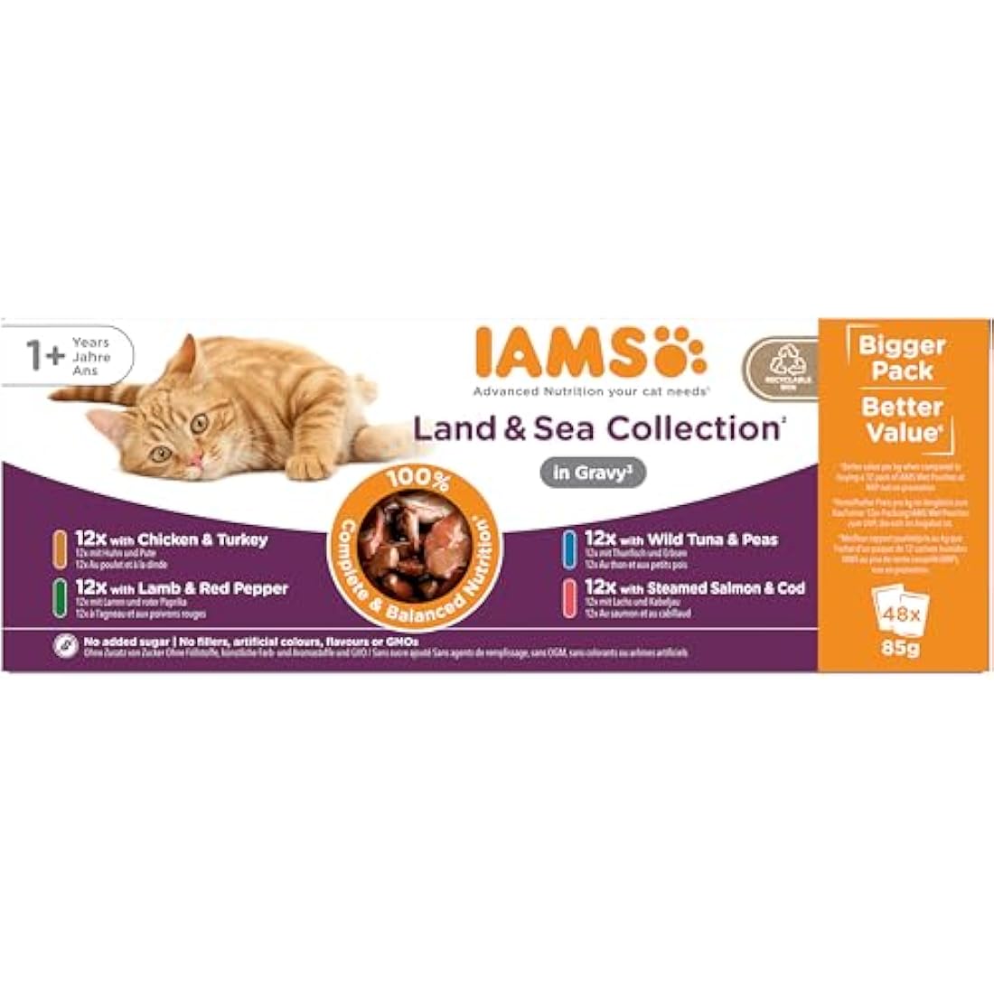 IAMS Adult Wet Cat Food Land & Sea in Gravy 48 x 85g