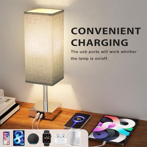 Aooshine Touch Bedside Lamps Set of 2, Touch Bed Lamp with USB-C+A Charging Ports, 3-Way Dimmable Table Lamps for Bedroom with Grey Fabric Shade(Bulbs Included)