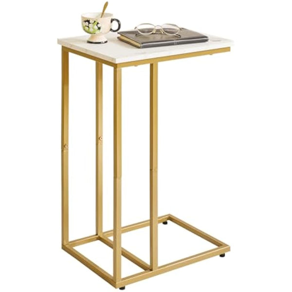 Aibiju C Shaped Side Table, End table, Laptop Holder Table for Study, Work, Industrial for Small Space,Living Room, Bedroon, Metal Frame, Modern, White Faux Marble and Gold Metal Frame, YD-TM051G