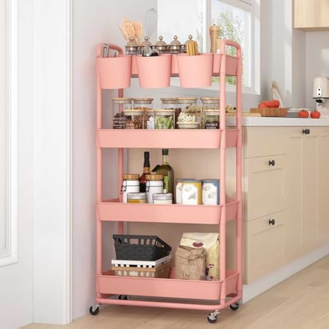 JIUYOTREE 4-Tier Plastic Rolling Storage Cart Utility Cart with Extra Hanging Cups Handles Lockable Wheels for Living Room Bathroom Kitchen Office Pink