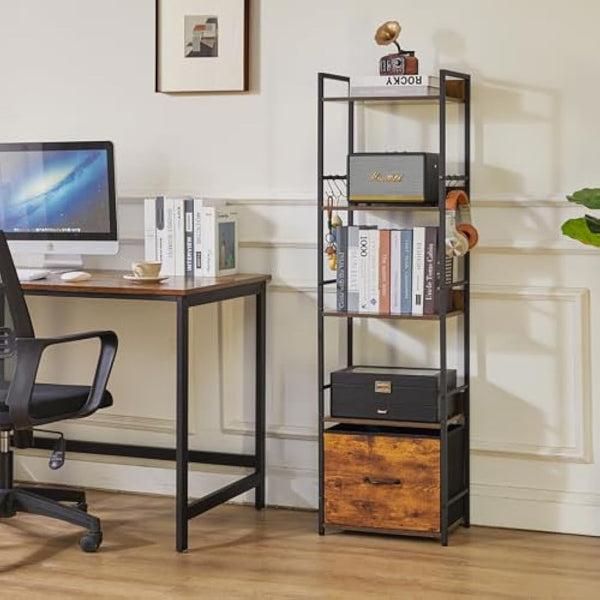 Aibiju Shelf Bookcase, 5-Tier Industrial bookshelf with Fabric Cloth drawers, Free Standing Shelf for Living Room, Bedroom, Kitchen,Office,Steel Frame, Rustic Brown YD-BC001H