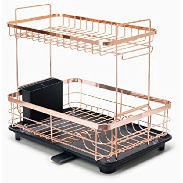 Dish Drying Rack – Rose Gold, 2-Tier Organizer with Dip Tray, Utensil Holder and Large Capacity for Kitchen Countertop