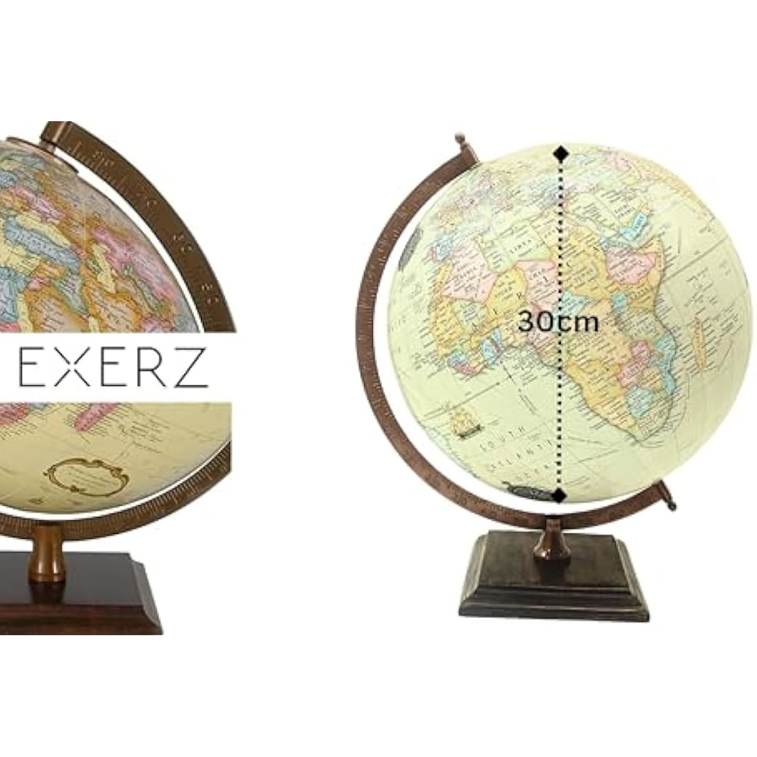 EXERZ 30cm Antique Globe with Wooden Square Base, Vintage Colour Modern Map, Hand Crafted