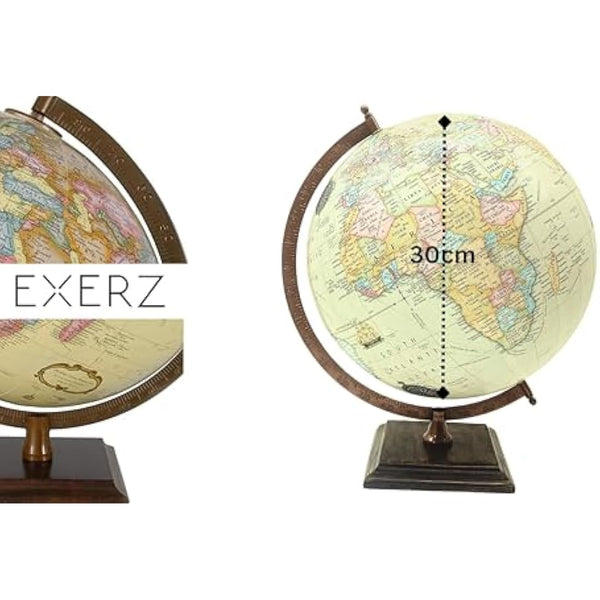 EXERZ 30cm Antique Globe with Wooden Square Base, Vintage Colour Modern Map, Hand Crafted