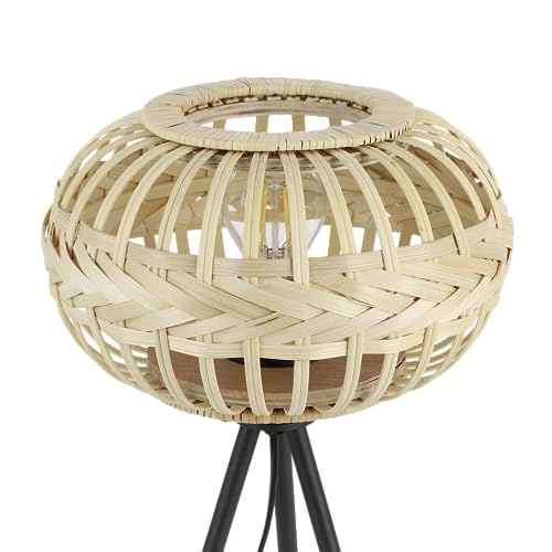 Eglo Tripod Bedside lamp Amsfield 1, Boho Style Light Fixture, Living Room and Bedroom Lighting, Black Metal and Natural Coloured Bamboo, E27 Socket,