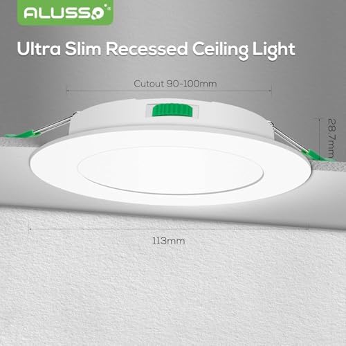 ALUSSO LED Recessed Ceiling Lights, 7W 580Lm Ultra Slim Dimmable Downlights, Warm White 3000K Neutral White 4000K Cool White 6500K Adjustable, IP44 Bathroom Spotlights for Kitchen, Living Room, 6 Pack