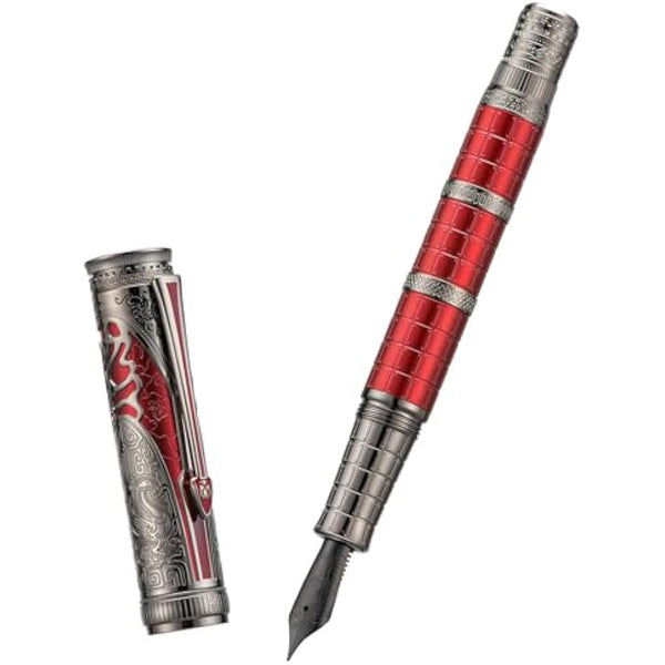 Hongdian D5X Fountain Pen Red Color Extra Fine Nib, Qin Dynasty Retro Chinese Totem Engraving Smooth Writing Pen with Converter and Pen Box Set